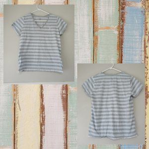 GREY & WHITE STRIPED V-NECK POLO SHORT SLEEVE TEE